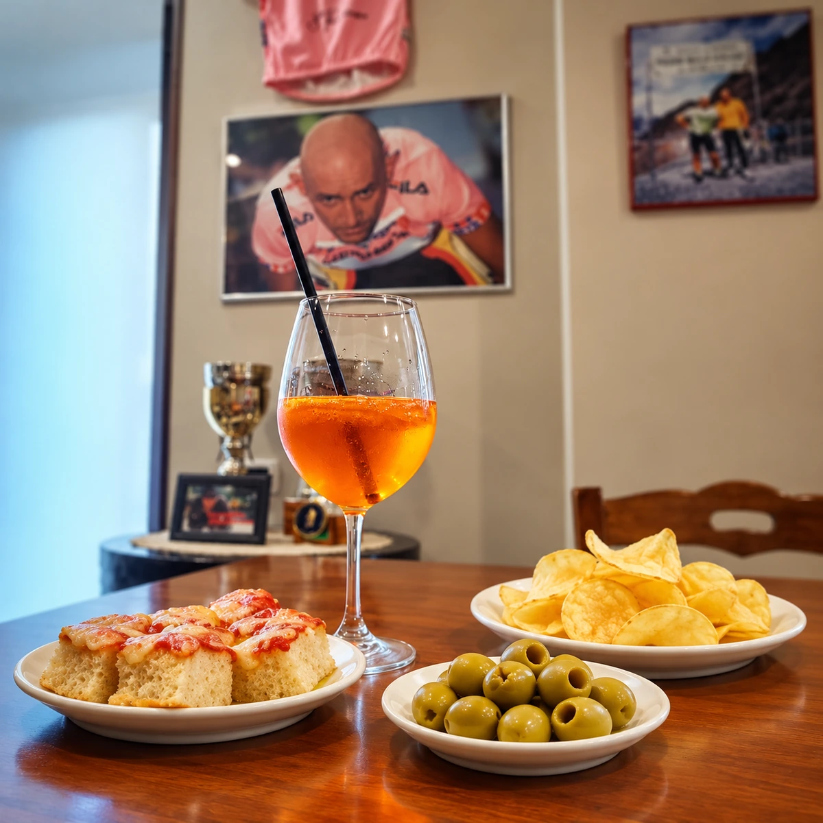 Calici per l'aperitivo serale con la bicicletta da corsa sullo sfondo